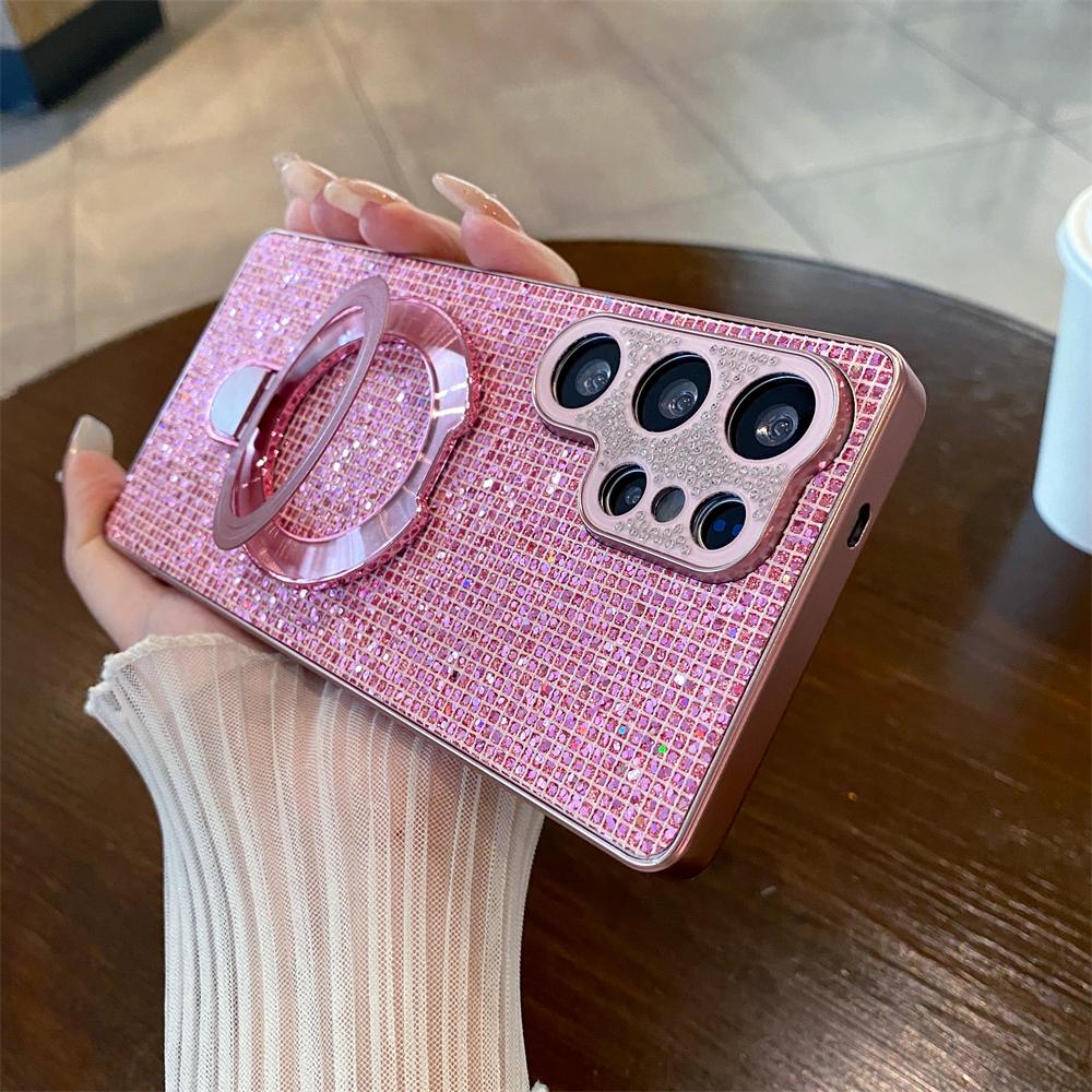 Bling Full Shinny Diamond Bracket Case For Samsung Galaxy S25 S24 S23 Ultra Plus Edge A07 A17 A14 A15 A24 Glitter Cover