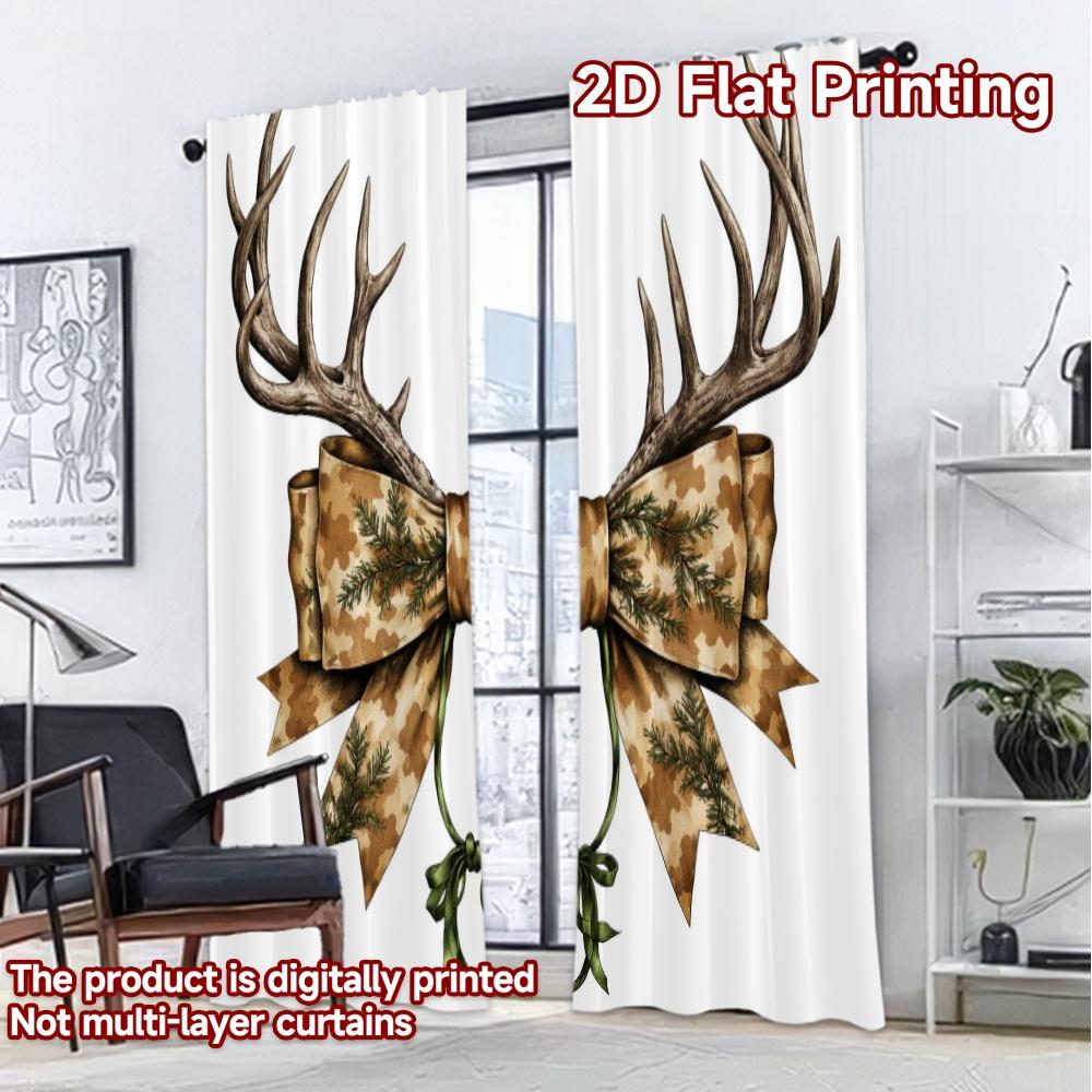 2D FLAT PRINTING 2pcs Curtains (Without Rod) Christmas Antler Ribbon Bow Chic Curtain Cloth Versatile Polyester Fabric Curtains