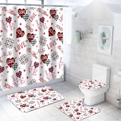 Valentinstag Badezimmer-Set aus 4 Teilen – Romantischer Duschvorhang & Toilettendeckelbezug + 2 Badematten, Liebe Sei Mein XOXO Kariertes Herz-Design