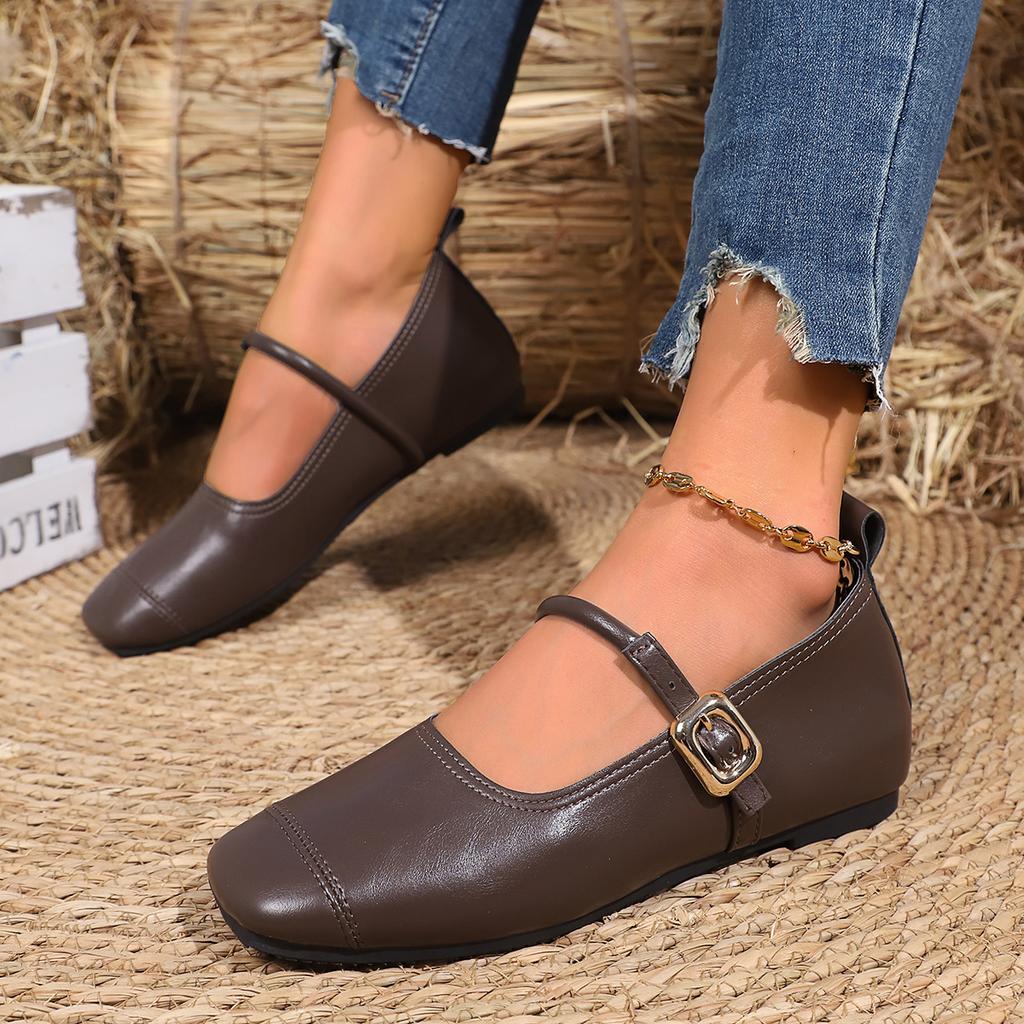 Velcro Soft-soled Mary Jane Shoes Large-size Women's 2025 New Shallow Mouth One-word Buckle with Versatile Flat-soled Single Shoes Women's Shoes