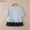 ZANZEA Women Plaid Print Casual Round Neck Half Sleeve Splice Blouse