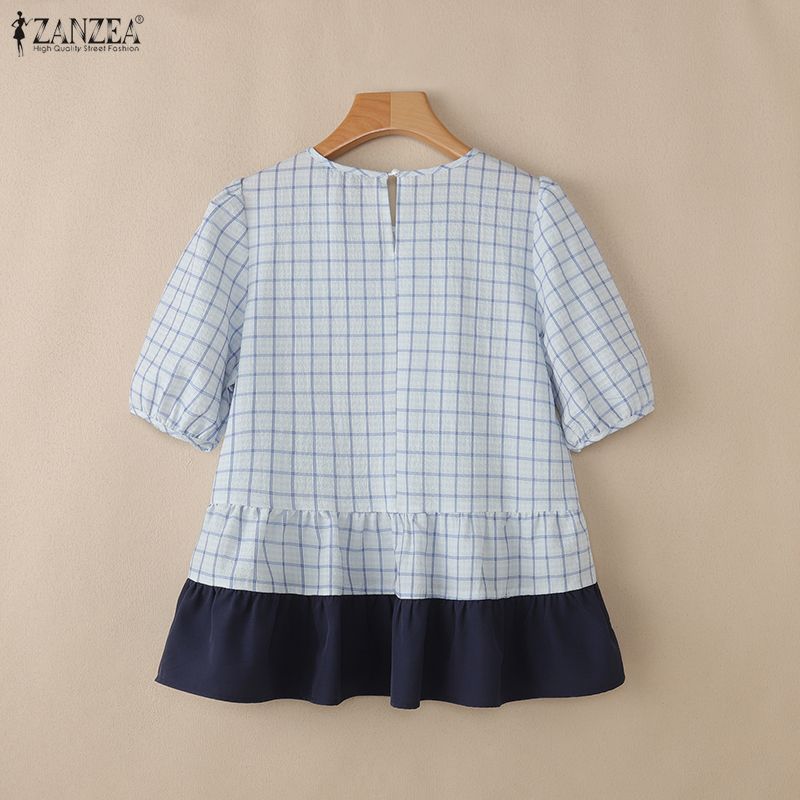 ZANZEA Women Plaid Print Casual Round Neck Half Sleeve Splice Blouse
