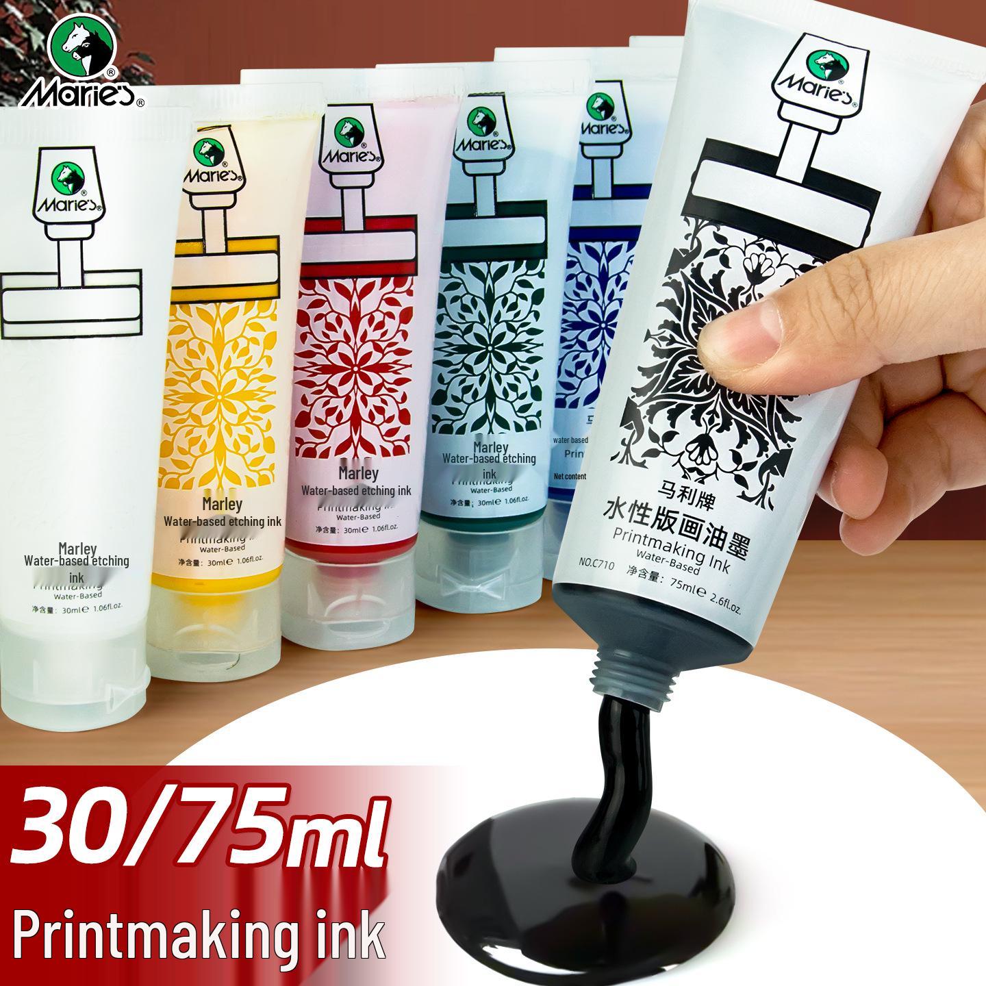 Water-Based Printmaking Ink Set: 75ml Water-Soluble Pigment with Woodcut Plate and Brayer Roller. Deep Green Ink - 75ml