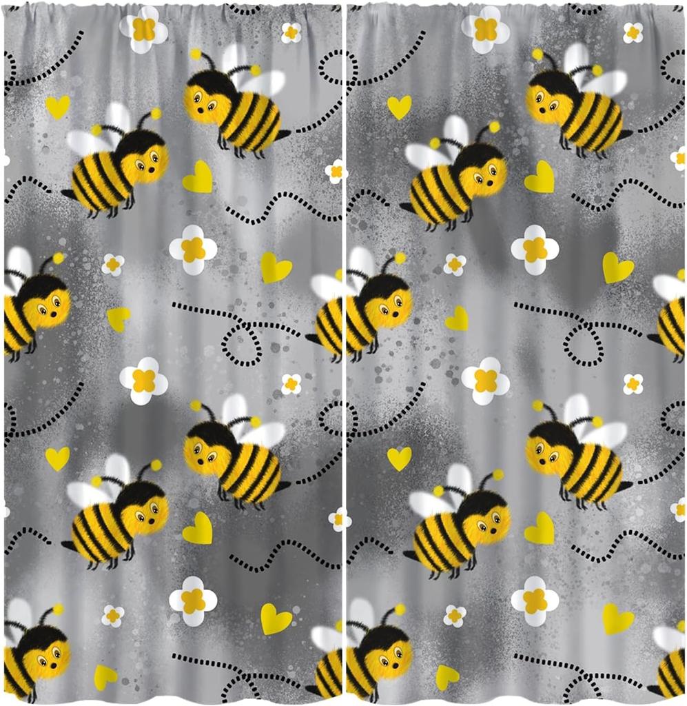 Rustic Honey Bee Curtains Honeycomb Daisy Floral Window Treatments Insulated Drapes Panel Sets Curtain With Rod Pocket Thermal Polyester