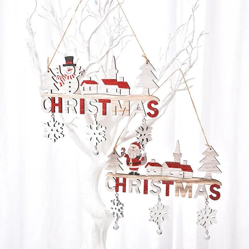 Christmas Wooden Bell Pendant Decoration Alphabet Snowman Charm Home Restaurant Door Hanging Creative Crafts Holiday Decorations