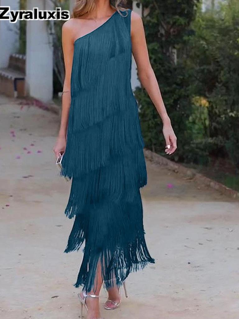 Fashion Fringe Asymmetric One-Shoulder Dress Spring Summer New Arrival