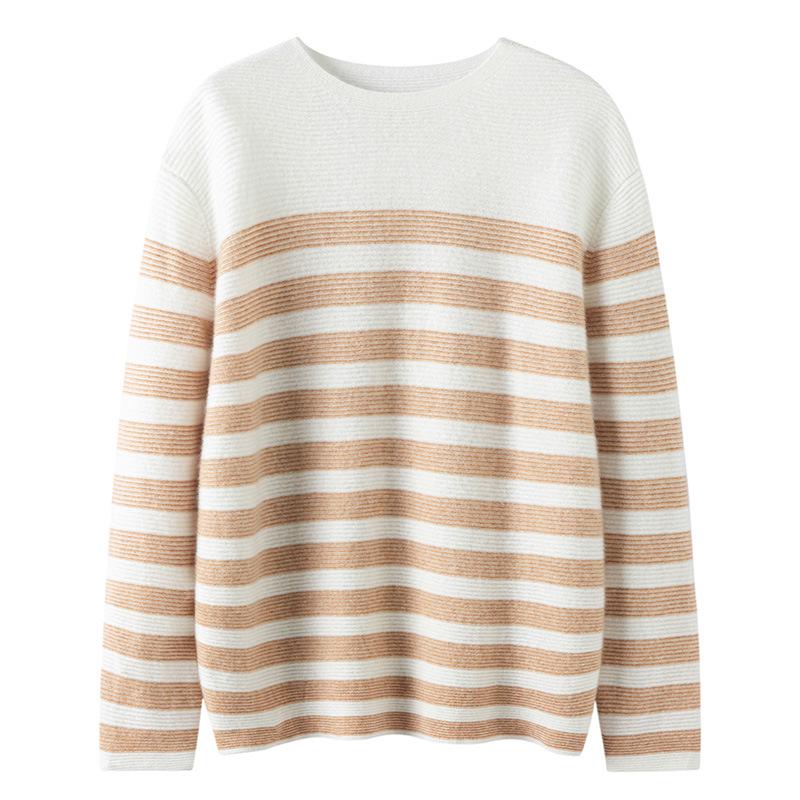 Women's Knit Striped Base Layer Shirt, Long Sleeve, Loose Fit, Warm, Versatile, Round Neck, Cashmere Sweater for Autumn/Winter.
