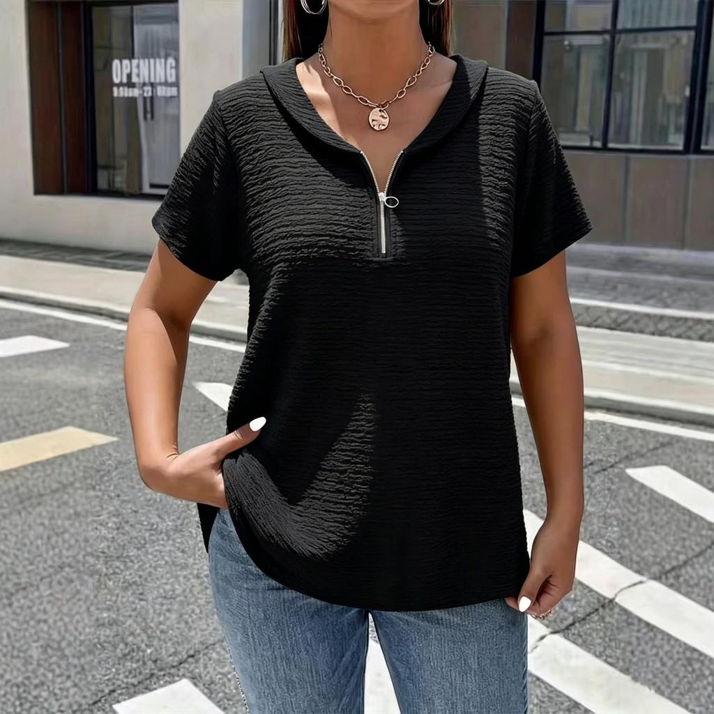 Women's Color Pleated Collar Zip Front T-Shirt Top