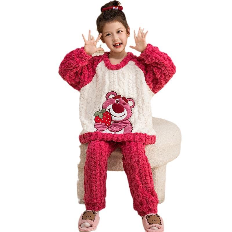 Kids Flannel Pajamas Set Boys Girls Warm Long Sleeve Top And Pants Sleepwear Winter Home Nightwear