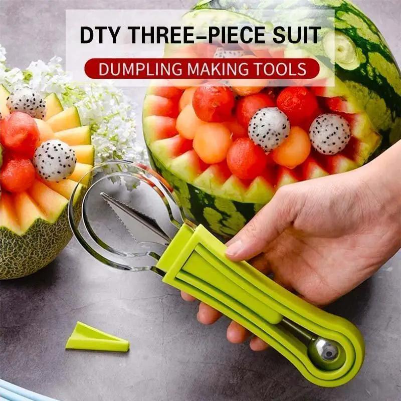 DIY 3 In 1 Watermelon Slice Cutter Scoop Fruit Carving Knife Cutter Fruit Platter Fruit Dig Pulp Separator Kitchen Accessories