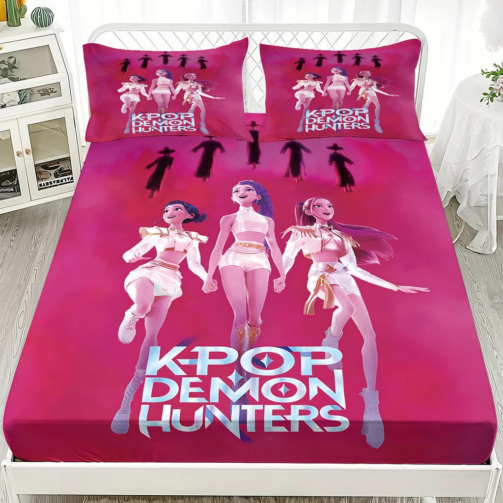 1PC KPOP Fitted Sheet Demon-Hunters Soft Polyester Bed Cover Fitted Sheet With Elastic Band Huntrix Home Decor No Pillowcase