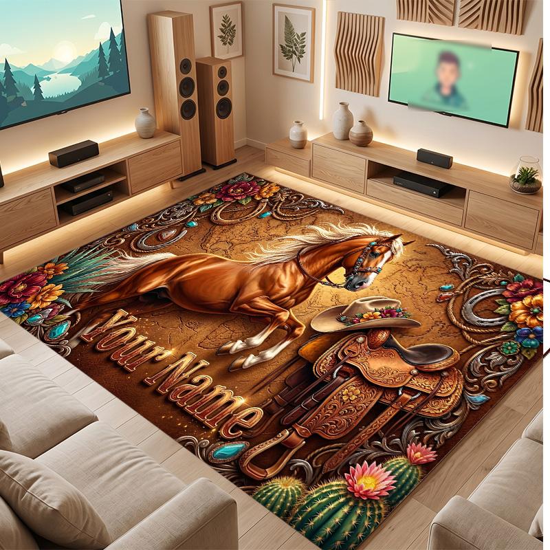 Horse Theme Soft Crystal Velvet Rug Custom Name & Text Print Non Slip Floor Rug for Bedroom Living Room