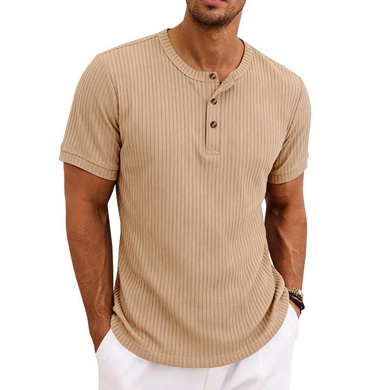 Men Retro Casual Ribbed Henley Short Sleeve Sports T Shirt