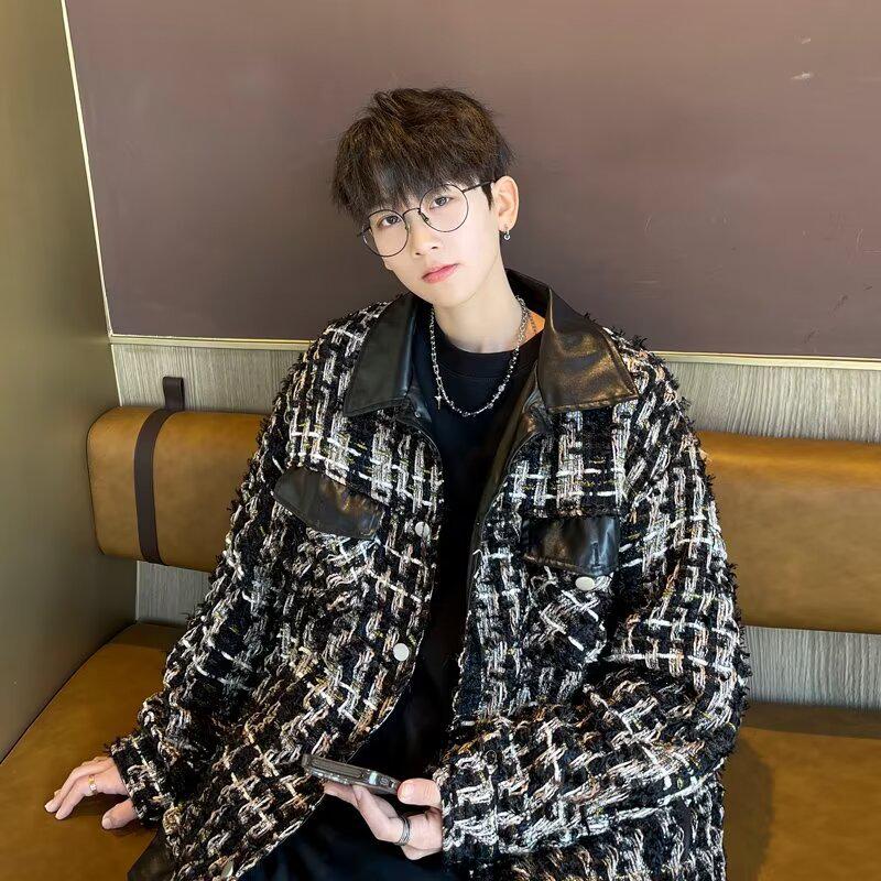 

Men s Spring Plaid Wool Coat - Korean Retro Trend, Contrast Color, Casual Loose Lapel Jacket XXL чорний
