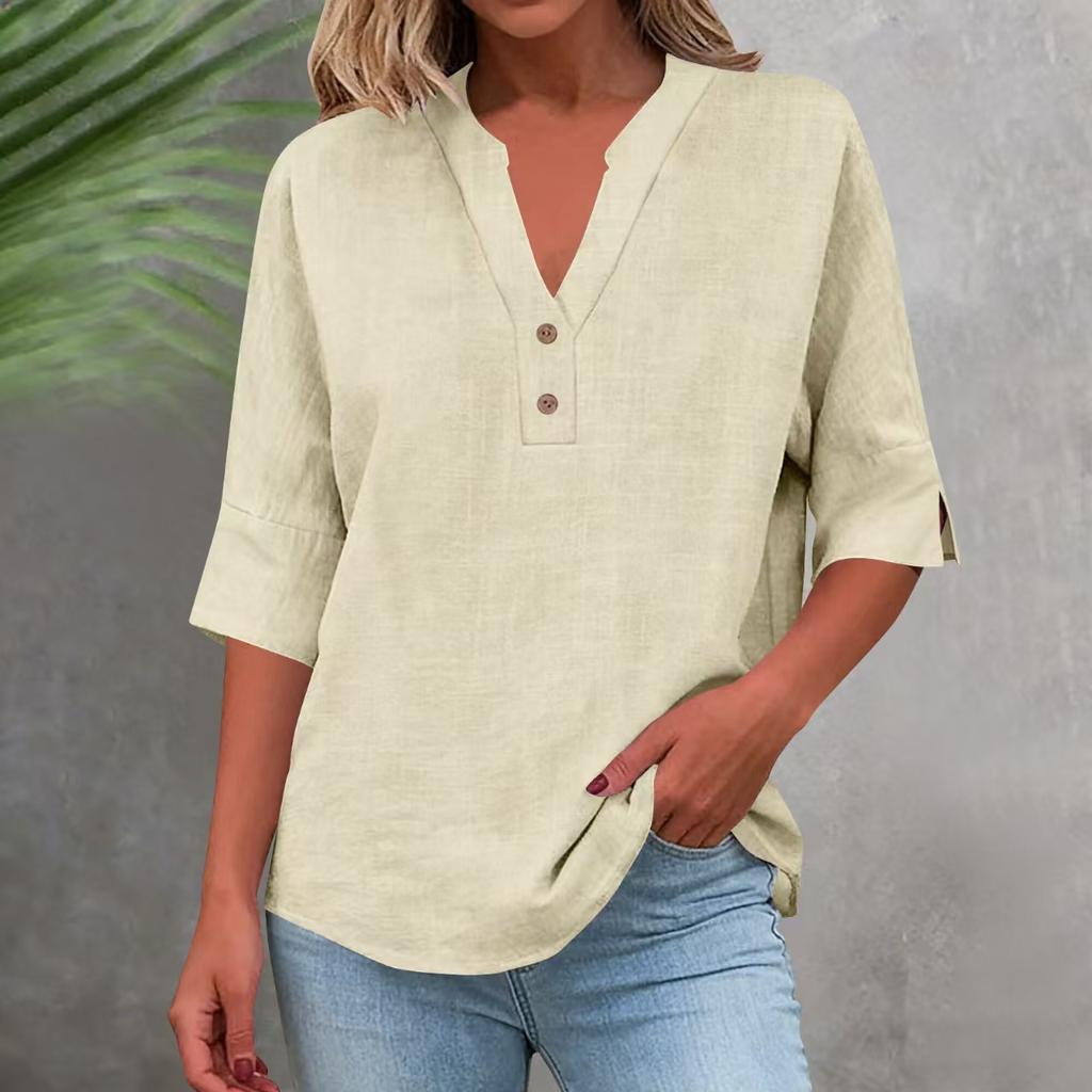 3/4 Sleeve Linen Tops For Women Loose Fit V Neck Button Down Shirts Cute Solid Summer Beach Tee Shirts