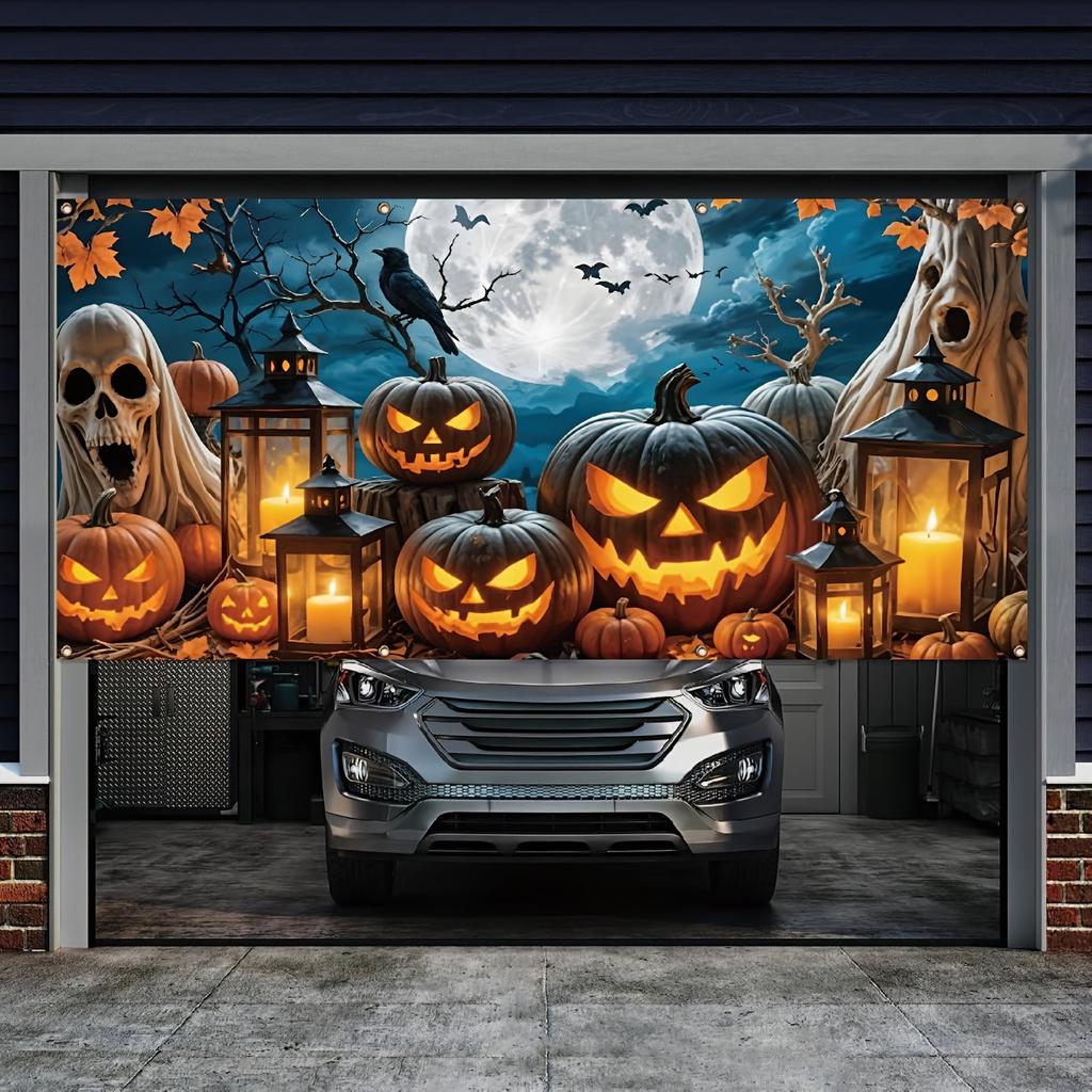 1 Piece of Strange Halloween Garage Banner - a Skull Hidden Within a Pumpkin Lantern, Made of Durable Polyester Fiber