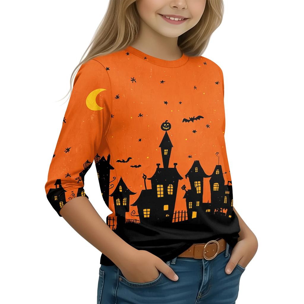 Kids Halloween Printed T-Shirt 3/4 Sleeve Round Neck Casual Top with Pumpkin Witch Design