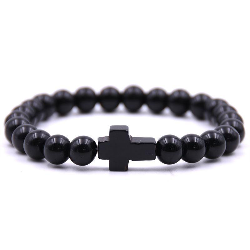 Bedel Natuursteen Armband Kruis Zwarte Lavasteen Kralen Armbanden Handgemaakt Mannen Vrouwen Gebed Fitness Ketting Koppel Sieraden Cadeau