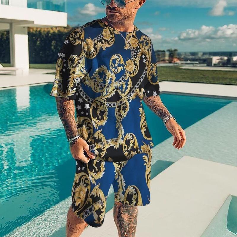 Summer New Men's 3D Printed Luxury Gold Pattern Fashion Casual Sportswear Short Sleeve T-shirt Set Men's T-shirt Two Piece Set