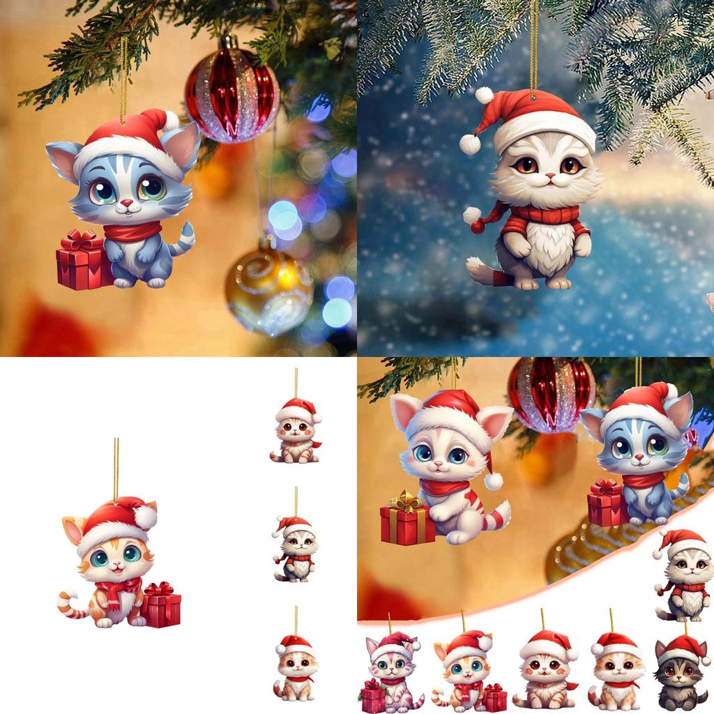 Whimsical Cartoon Style Christmas Cat Hanging Decoration For Cars In Colorful Acrylic Design