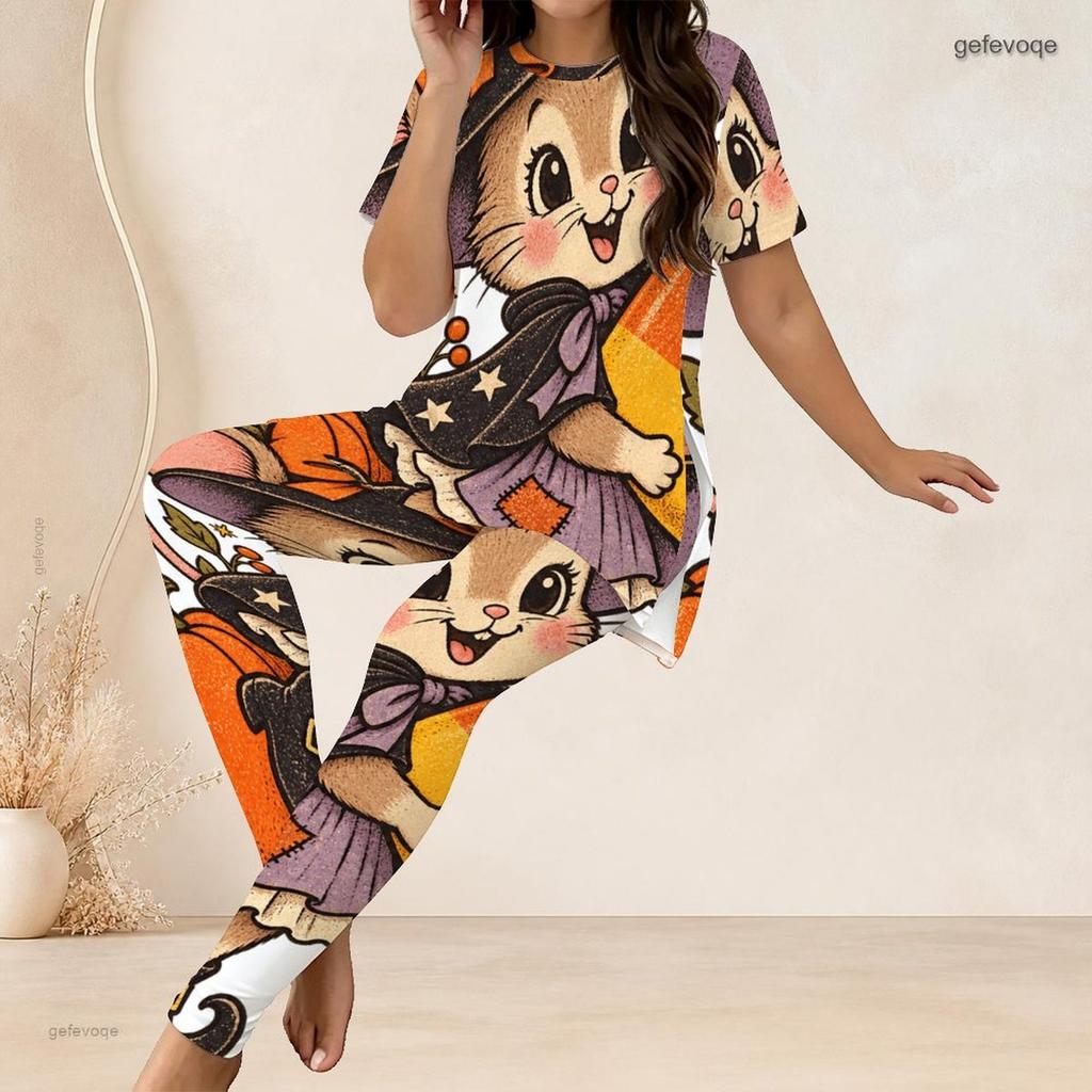 Women Plus Size White Halloween Printed Two Piece Set Round Neck Short Sleeve Longline Top And Long Pants