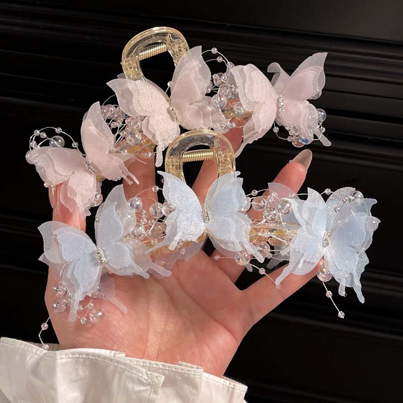 Korean Mesh Flower Rhinestone Butterfly Claw Women Girls Large New High-Grade Sweet Hairpin Back Head Clip Headdress Shark Clip