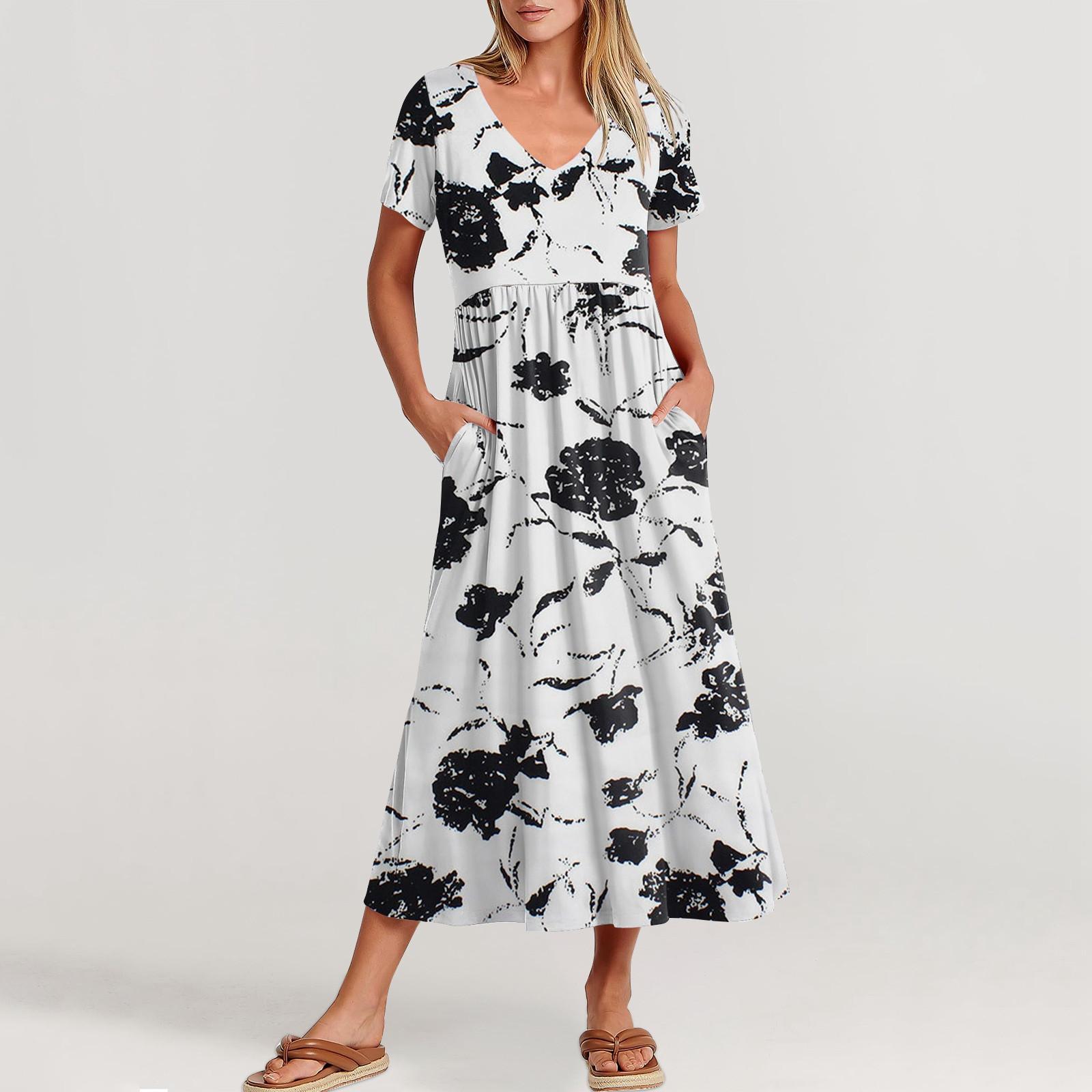 

Женские повседневные платья с карманами, струящаяся длинная юбка, женское летнее платье-макси с V-образным вырезом и короткими рукавами L белый