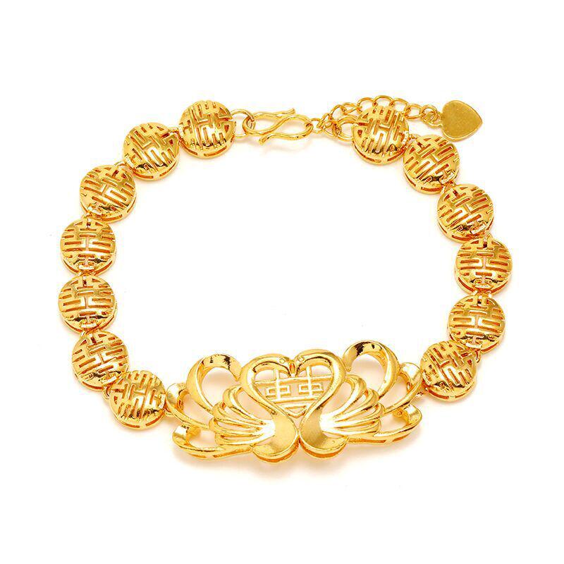 Antique Style Double Happiness Golden Mandarin Duck Women's Gold-Plated Bangle for Weddings