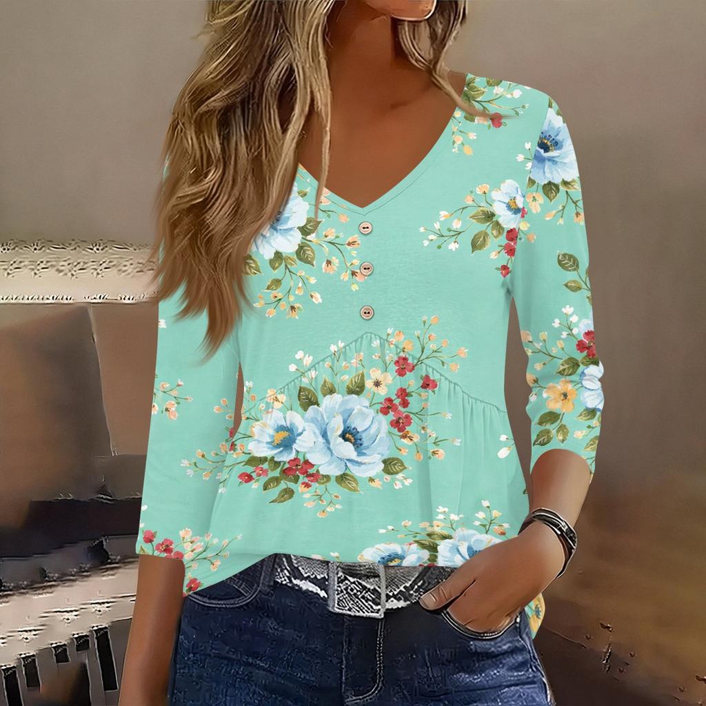 Damen 3/4 Ärmel V-Ausschnitt Knopfdetails Blumenmuster Tunika Oberteil Lässig Lockerer Schnitt Leichte Bluse