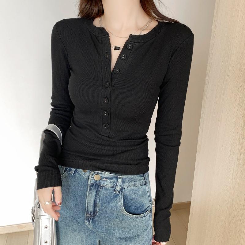 Design button-neck front shoulder bottoming shirt women's winter tight and thin threaded top Spice girl long-sleeved T-shirt