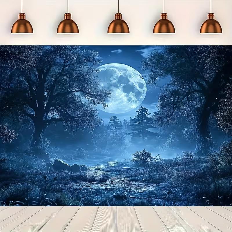 2D Moonlight Misty Forest Tapestry Magical Night Nature Wall Art