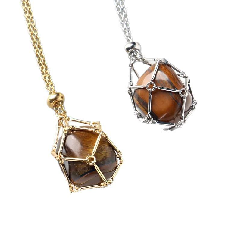 Handwoven Stainless Steel Mesh Necklace with Adjustable Chain and Natural Crystal Stone Cage
