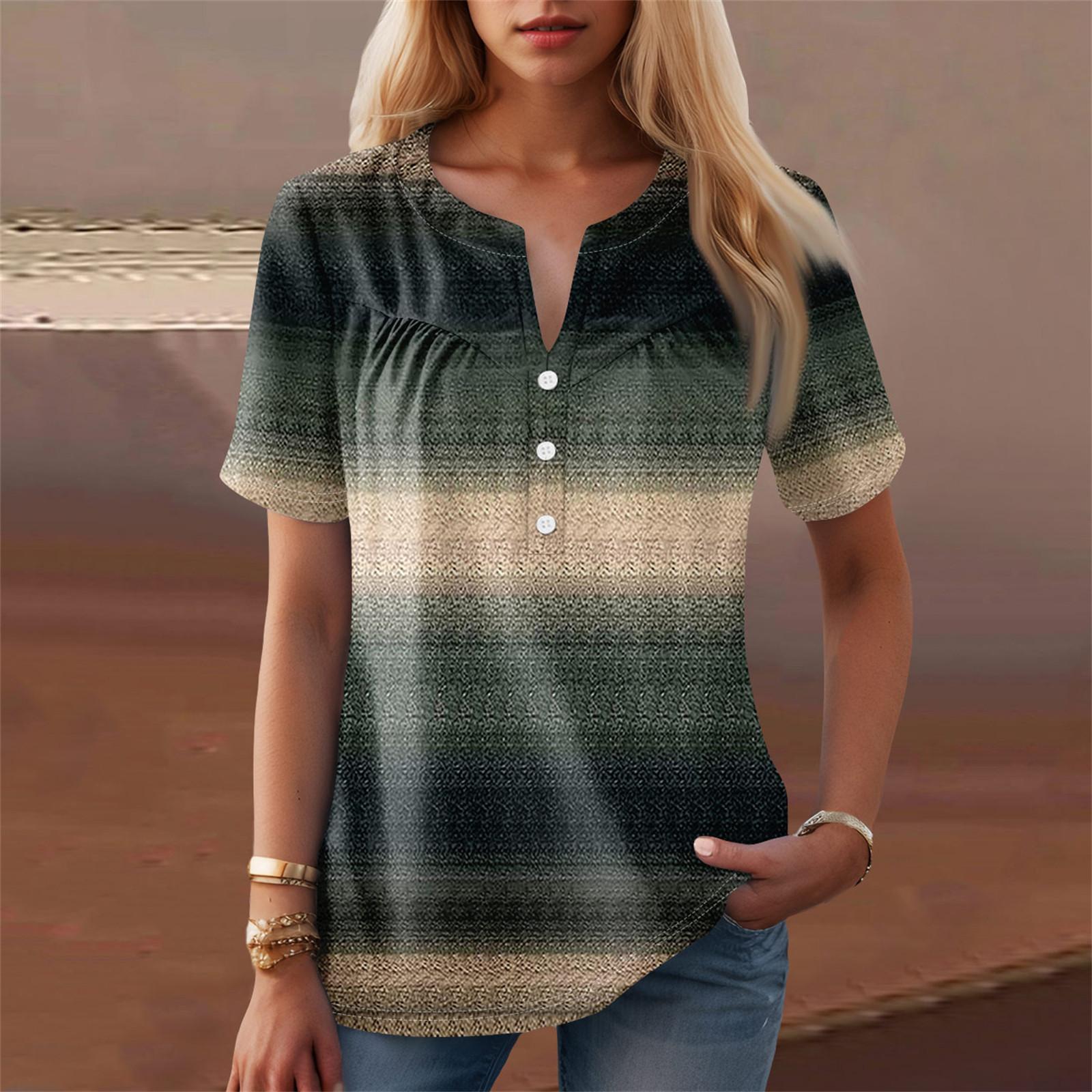 

Женская повседневная футболка с v-образным вырезом и коротким рукавом с цветочным принтом и декоративными пуговицами, топ XXL