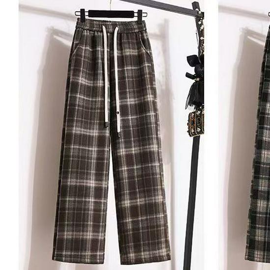 Plus Size High-Waisted Plaid Wide-Leg Pants: Fleece-Lined or Unlined, Autumn/Winter Edition