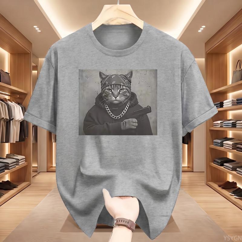 Funny Cat Graphic Print T Shirt Gang Cat Cool Hip Hop Short Sleeve T-shirts Men's Vintage Oversized Cotton T-shirt