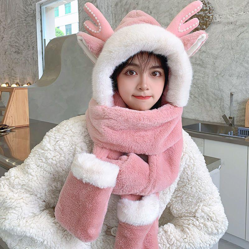 winter women's warm hat three-piece set hat scarf gloves in one set with cute cartoon antlers, perfect for Christmas gift