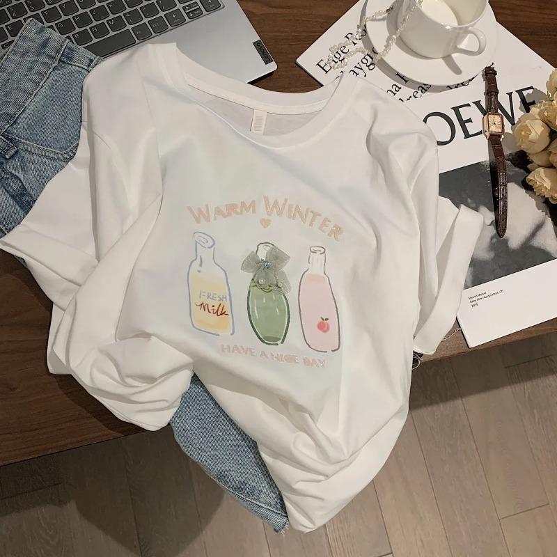 

Women s Cute Bottle Print Oversized T-shirt Casual Loose Fit Short Sleeve Tee S белый