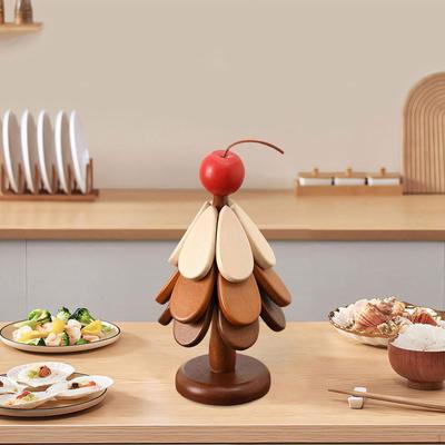 Wooden Trivets Set Anti Slip Foldable Placemat Cup Coasters with Stand Wood for Dishes