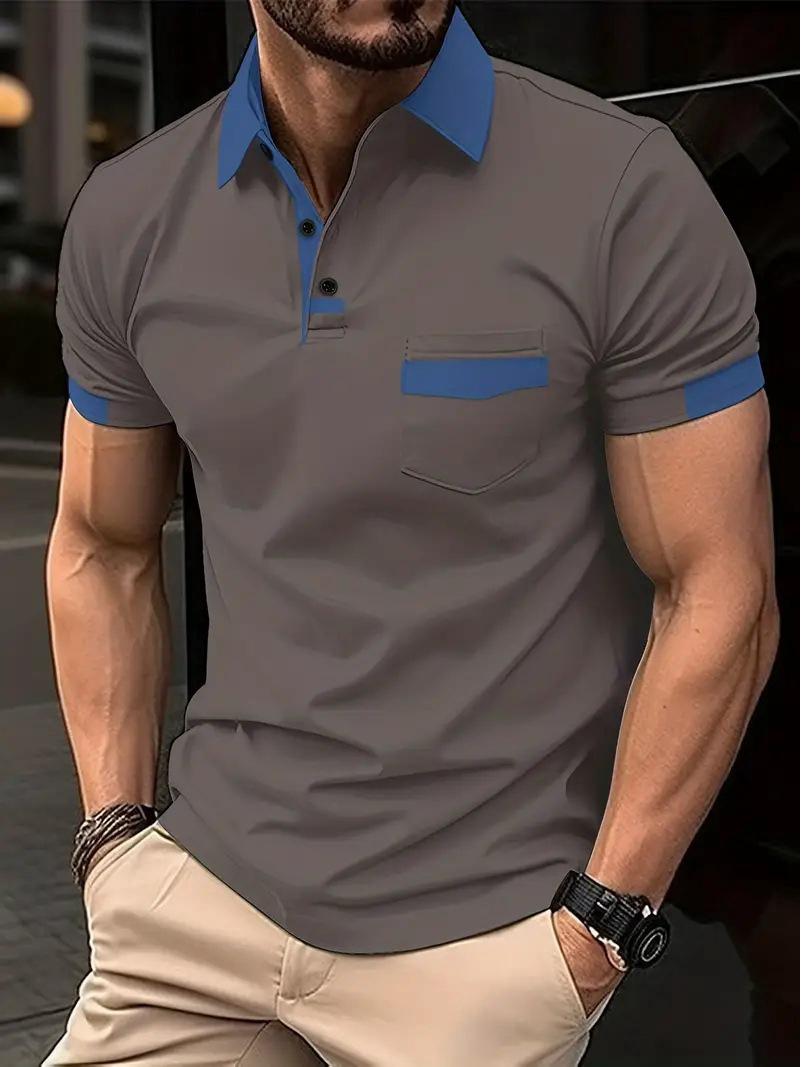

Men s Summer Color Block Pocket Sports Polo Shirt Extra Large темно-серого