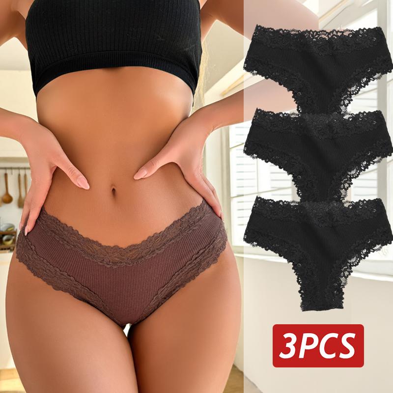 3PCS/Set Sexy Lace Panties for Women Cotton Brazilian Panties Female Low Rise Breathable Underwear Solid Colors Floral Lingerie