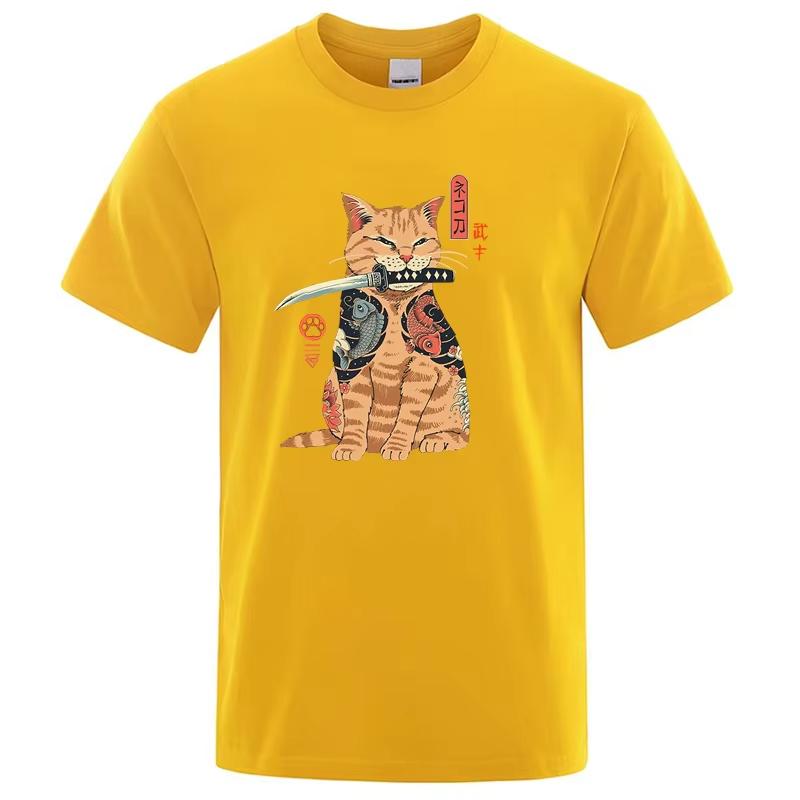Summer Mens Tshirt Top Quality 100 Cotton Short Sleeve Cool Knife Cat Print for Men Oneck Casual Loose Hip Hop Male Tees Top