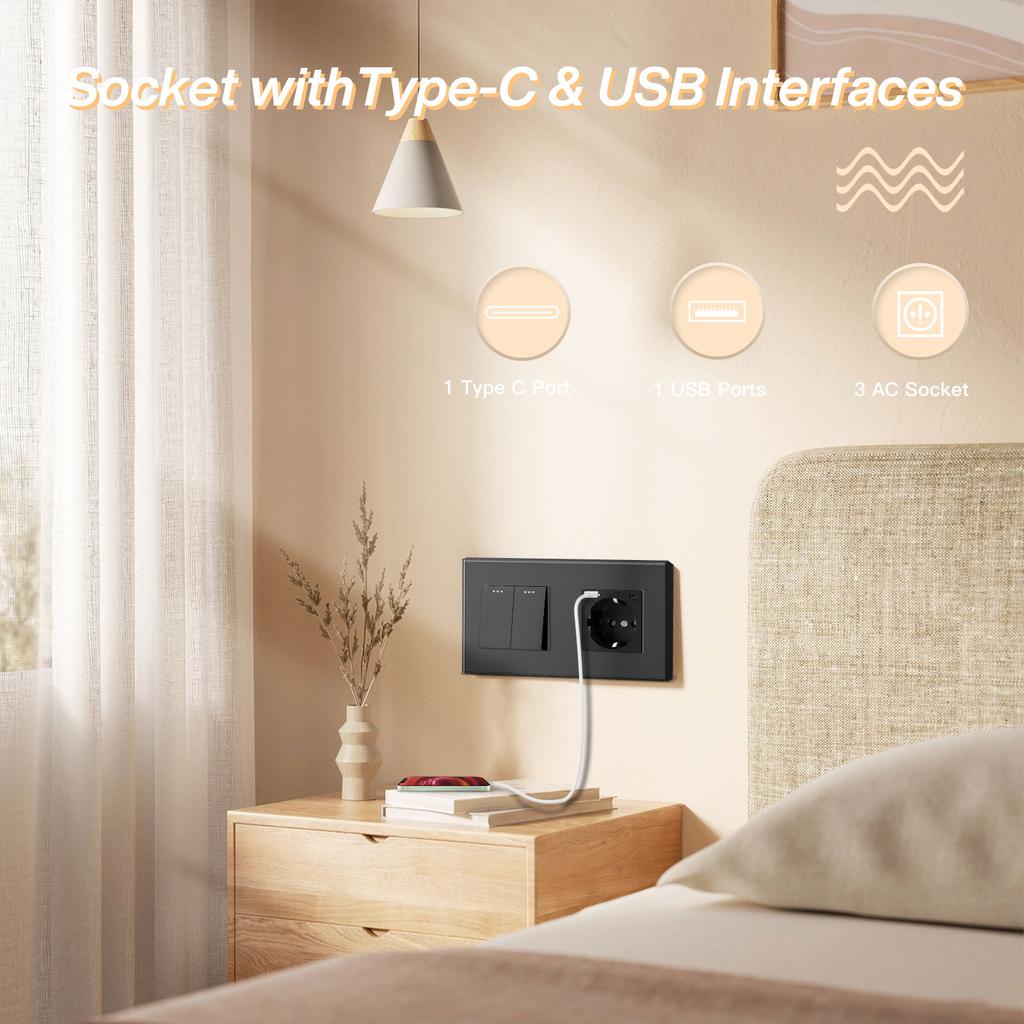 BSEED 1/2/3Gang Mechanical Light Switches 2way For Stairs Corridors with EU Power Sockets USB Type-c Ports Glass Panel Black