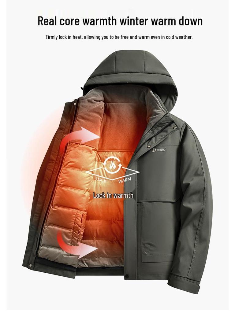 Men's Mid-Length Winter Down Jacket with Detachable Liner and Hood – Suitable for Middle-Aged and Elderly, Dad's Style, Thickened Coat