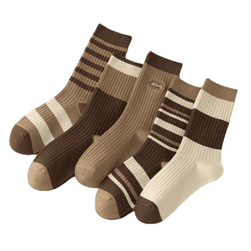 Maillard Women's Striped Mid-Calf Cotton Socks - Trendy Autumn/Winter Pile In Coffee Color