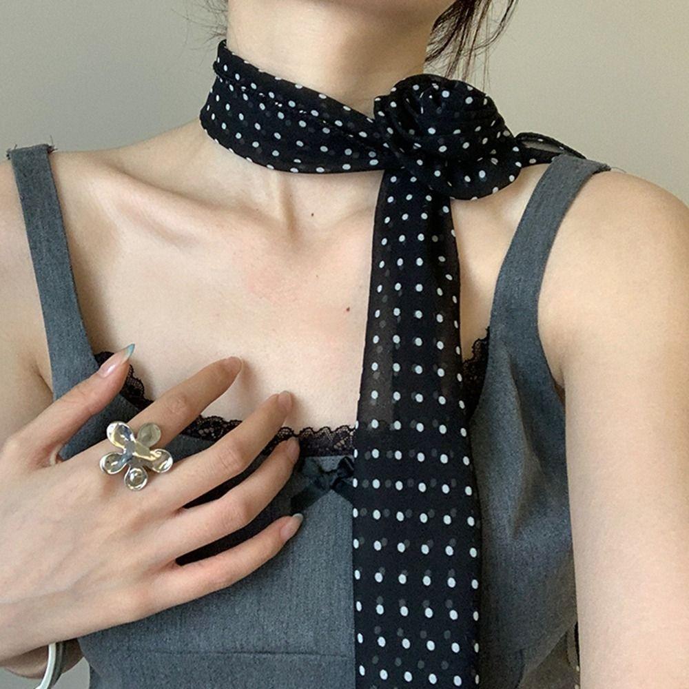 Cravat Long Silk Scarf Wrap Collar Flower Decoration Elegant Polka Dot Scarves  Women