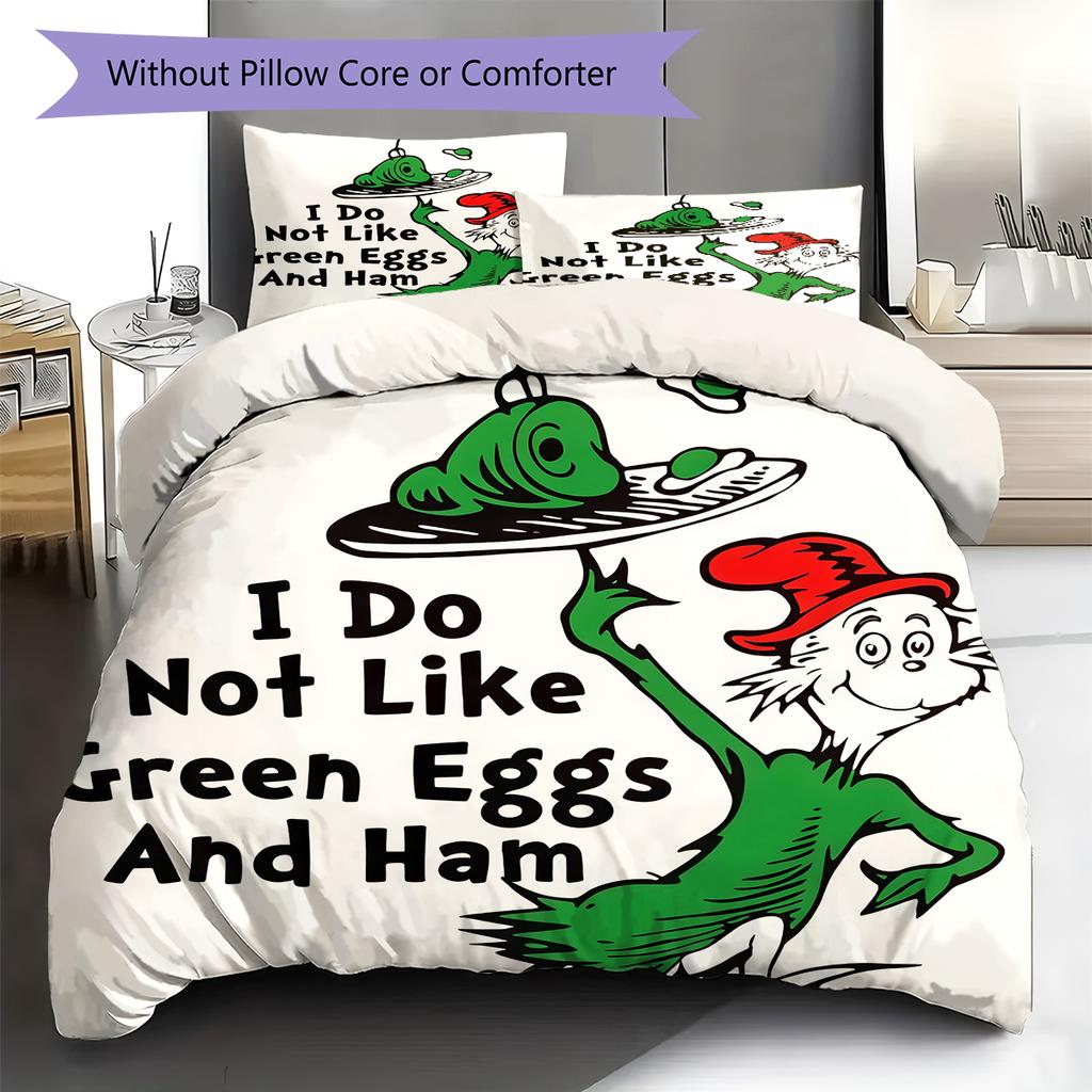 Green Eggs and Ham Pattern Bedding,Quilt Set Quilt Cover Pillowcase Home Birthday Gift (1 * duvet cover + 2 * pillowcase, without core)