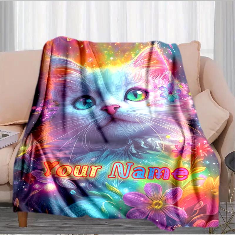 1PC Custom Name Rainbow Kitten Fantasy Blanket Versatile,all-season Throw Suitable for the Living Room,bedroom,camping,travel,and Gift