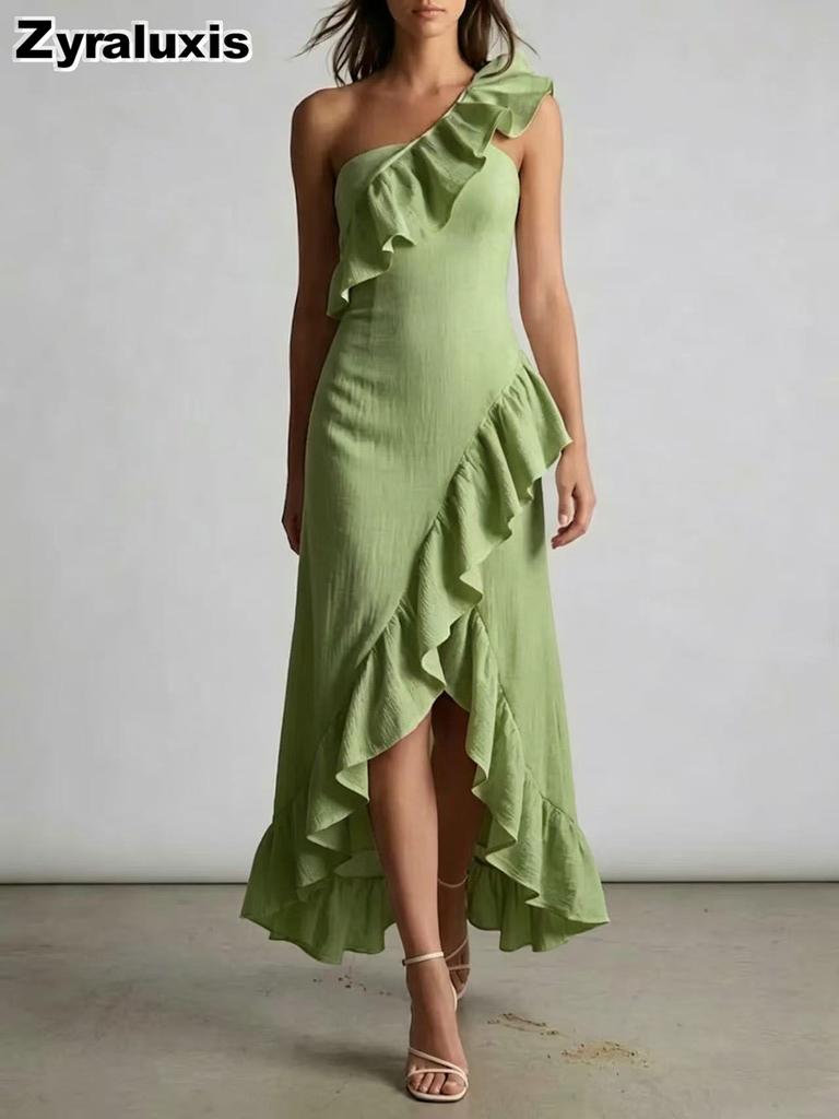 Summer New Leaf Edge Ruffled Elegant Dress Women's Clothing