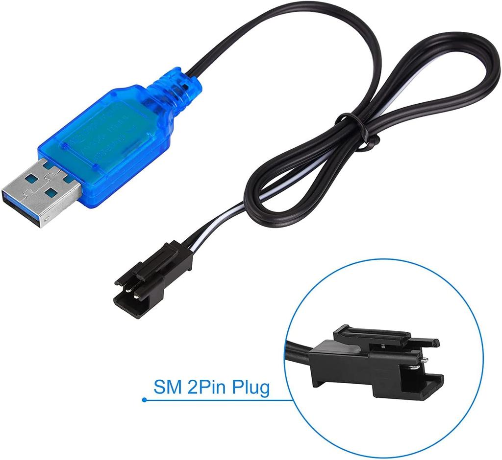 2-Pack USB Charging Cables with SM-2P Connector | 250mAh Output for 6V Ni-MH Batteries | Ideal for RC Cars, Model Toys, RC Helicopters – Blue
