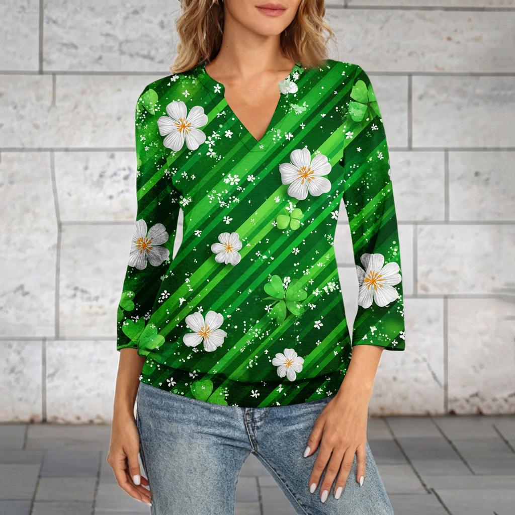 Women's 3/4 Sleeve Top With Cuffed Hem, V-Neck, Summer Casual -Shirt, St. Patrick's Day Printed Top